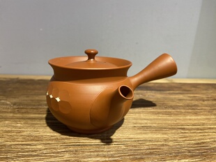 日本常滑烧已故名匠二代高凤手作 侧把急須 朱泥刀削面几何纹日式