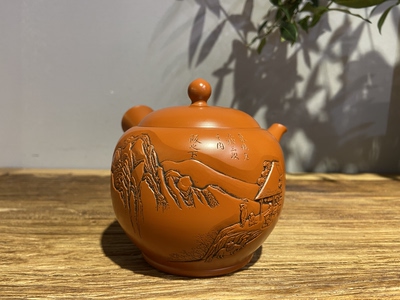 日本常滑烧已故名匠久田阳山&晃山雕刻细朱泥东海道53次侧把急须