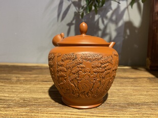 日本常滑烧已故名匠胜石&芳石50年前细朱泥雕刻东海道53次侧把壶