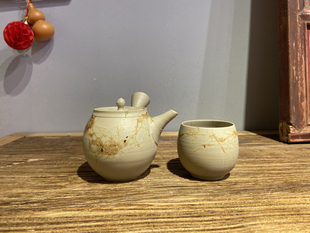 日本常滑烧已故名家谷川菁山手作白泥藻挂薄胎日式 侧把一壶五杯壶