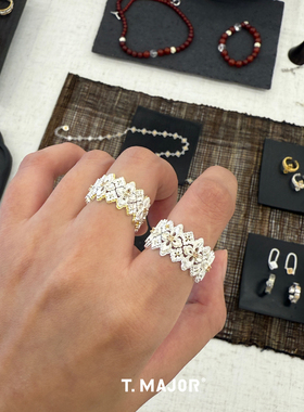 Dare买手店 T.MAJOR 鎏金花冠镂空双色开口戒925银复古蕾丝戒指女