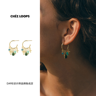 CHEZ 柠檬椰树金属耳环天然石复古高级原创设计饰品首饰女 LOOPS
