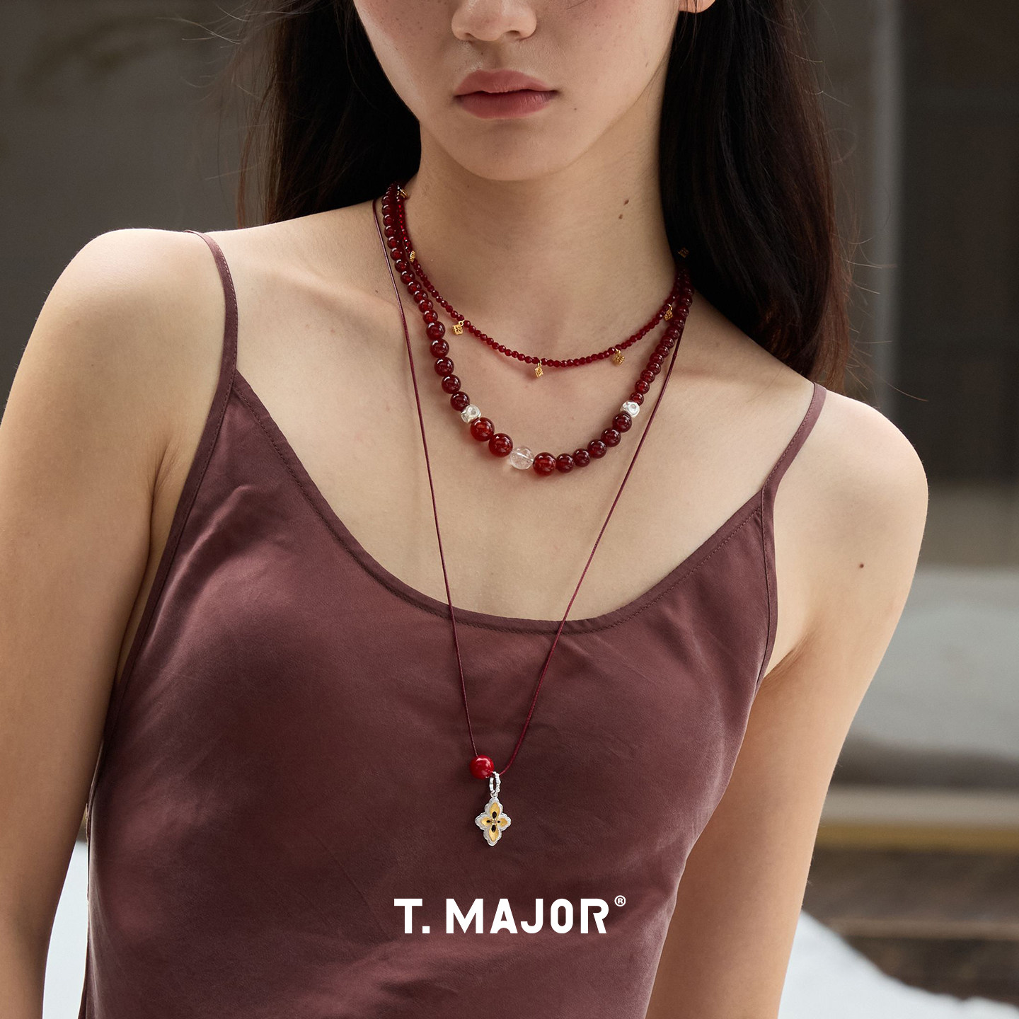 Dare买手店 T.MAJOR 瑞珊吊坠长项链红色925银原创设计首饰叠戴女