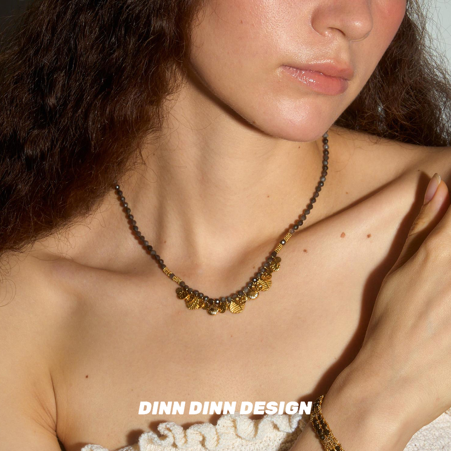 Dare买手店DINN DINN DESIGN黑曜石金色片片串珠项链度假民族风女