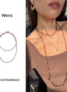 Wens Jewels 彩宝吊坠石榴石长项链红色复古高级串珠首饰精致饰品