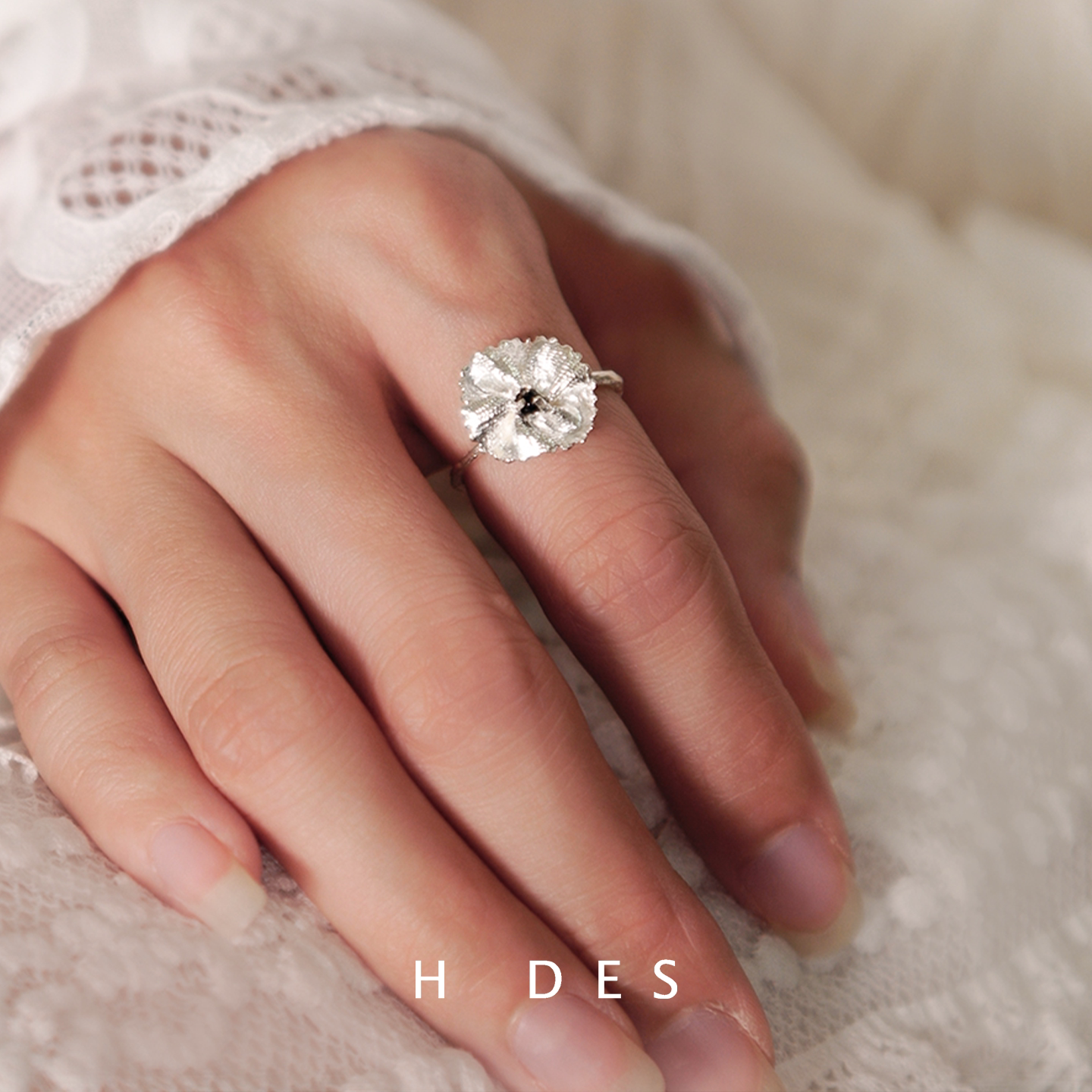 DARE买手店 HDES布纹花开口戒925银小众精致戒指原创设计首饰百搭