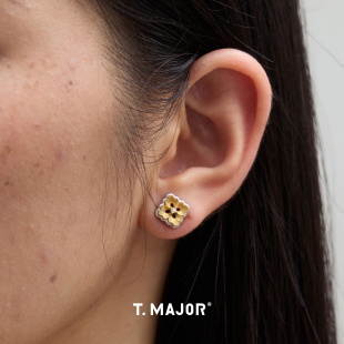 Dare买手店 瑞华双层拉丝金色耳钉925银通勤复古耳环饰品 T.MAJOR