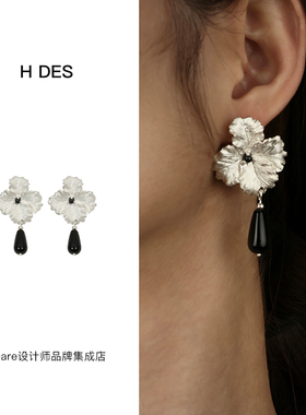 DARE买手店 HDES花朵水滴黑玛瑙耳环暗黑风饰品首饰原创设计百搭