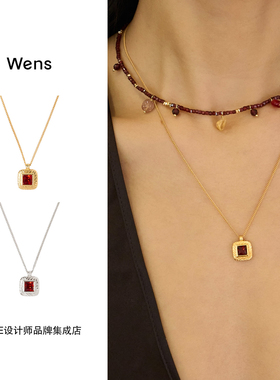 Wens Jewels 石榴石复古方石项链红色新年复古原创设计高级首饰