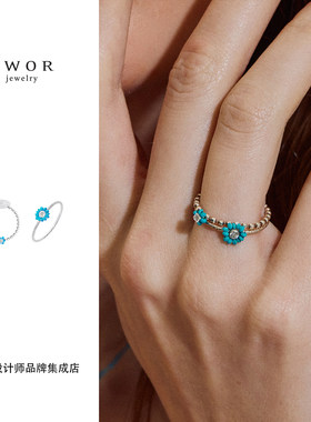 Dare买手店 TWOR正品绿松石花朵小戒指串珠925银手工精致度假首饰