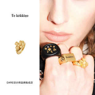 Dare买手店 白水晶蝴蝶结花戒指金色复古饰品首饰 tokokkino正品