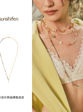 Dare买手店 sunshifen金色多宝石双拼长项链叠戴小众复古度假饰品