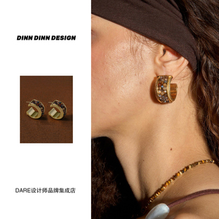 Dare买手店 DESIGN手工珠珠拼接耳环圈圈复古金色耳饰 DINN