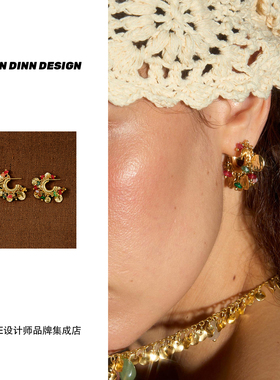 Dare买手店 DINN DINN DESIGN彩色珠珠吊坠耳环金色复古耳饰原创