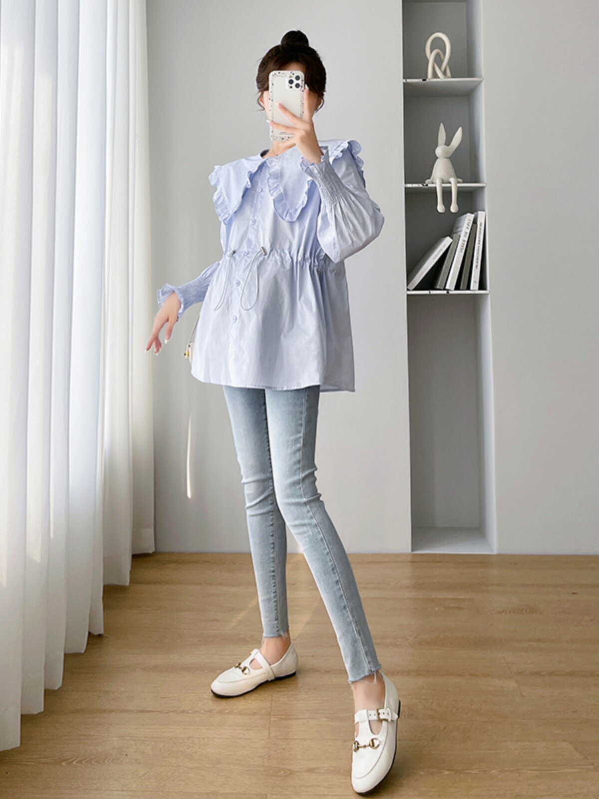 임부복 가을상의 봄 가을 긴팔 인형 칼라 셔츠 패셔너블한 조절 가능한 허리 셔츠 임신복 가을