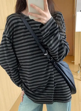 美式复古黑色条纹t恤女慵懒休闲长袖2025春季穿搭百搭休闲ins上衣