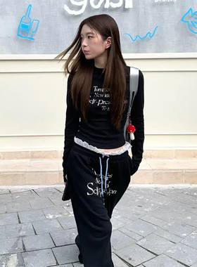 美式正肩黑色长袖t恤女秋季内搭打底衫修身显瘦辣妹款紧身上衣