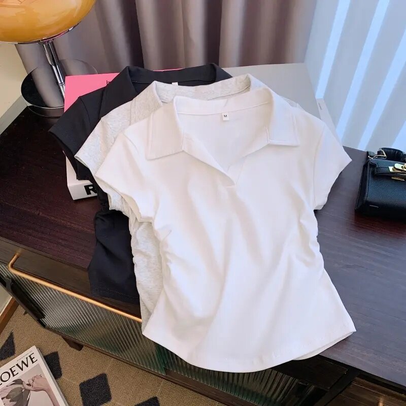 夏装设计感翻领短袖女修身显瘦收腰气质百搭小众通勤风上衣通勤女
