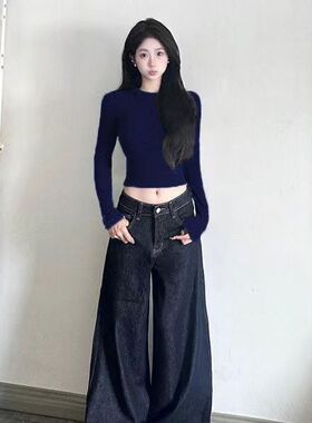 黑色高腰短款打底新款修身小众T恤长袖紧身辣妹上衣超辣妹装