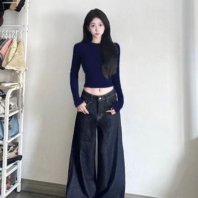 黑色高腰短款打底新款修身小众T恤长袖紧身辣妹上衣超辣妹装