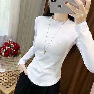 t恤 上衣女小圆领长袖 2025秋冬内搭U型下摆加绒常规修身 洋气打底衫