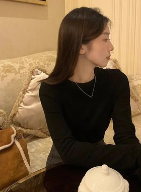 美式正肩长袖t恤女2025新款灰色圆领上衣秋季修身短款内搭打底衫