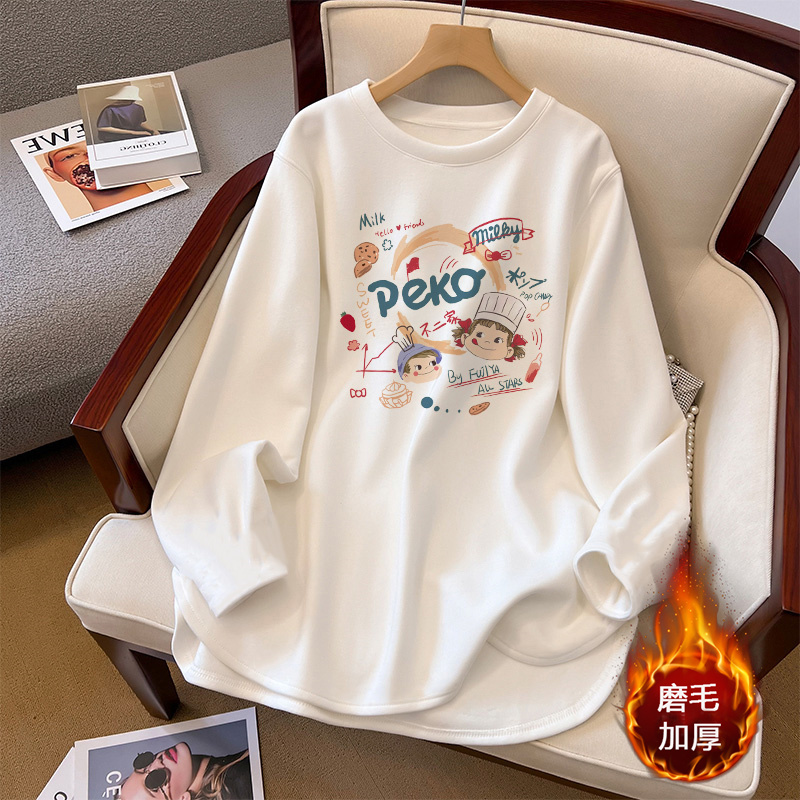 秋冬打底衫双面德绒加厚圆领女中长款长袖T恤配鲨鱼裤的磨毛上衣