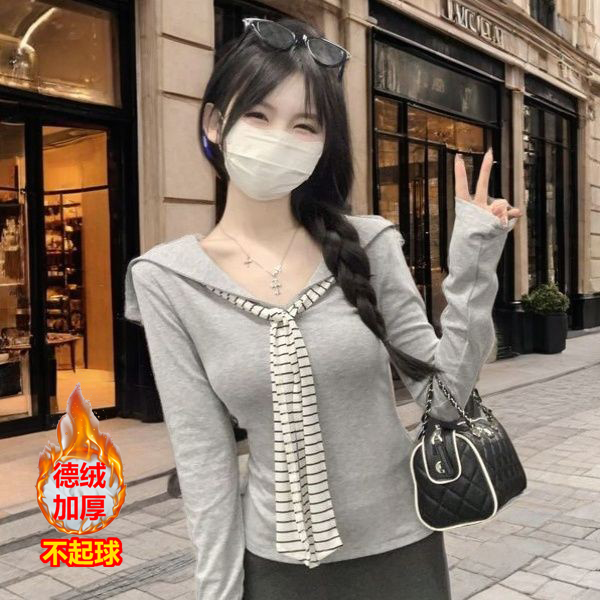 微胖海军领条纹绑带显瘦长袖T恤女春秋新款胖mm宽松显瘦减龄上衣