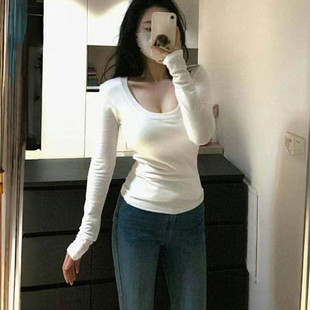 性感内搭外穿显瘦百搭上衣打底衫 韩版 女 T恤女纯色U领修身 德绒长袖