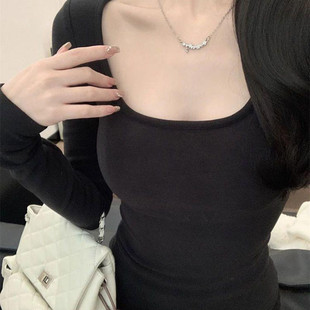 纯欲风u领正肩长袖 显瘦高级感气质德绒辣妹上衣 t恤女秋冬内搭修身