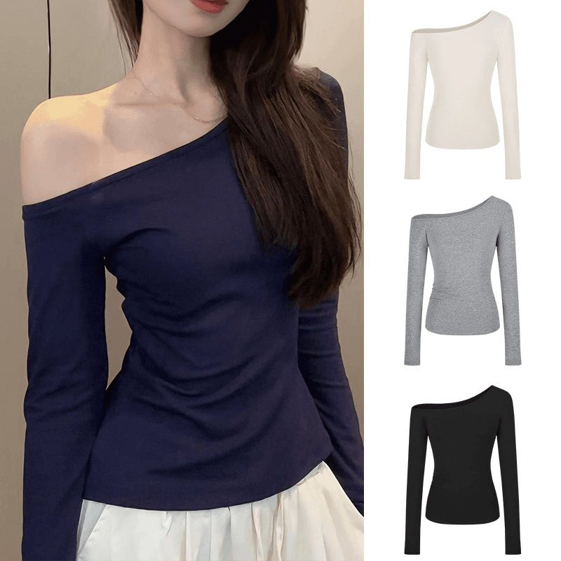 春秋斜肩别致露肩上衣辣妹长袖不对称设计感修身显瘦胖MMT恤女ins
