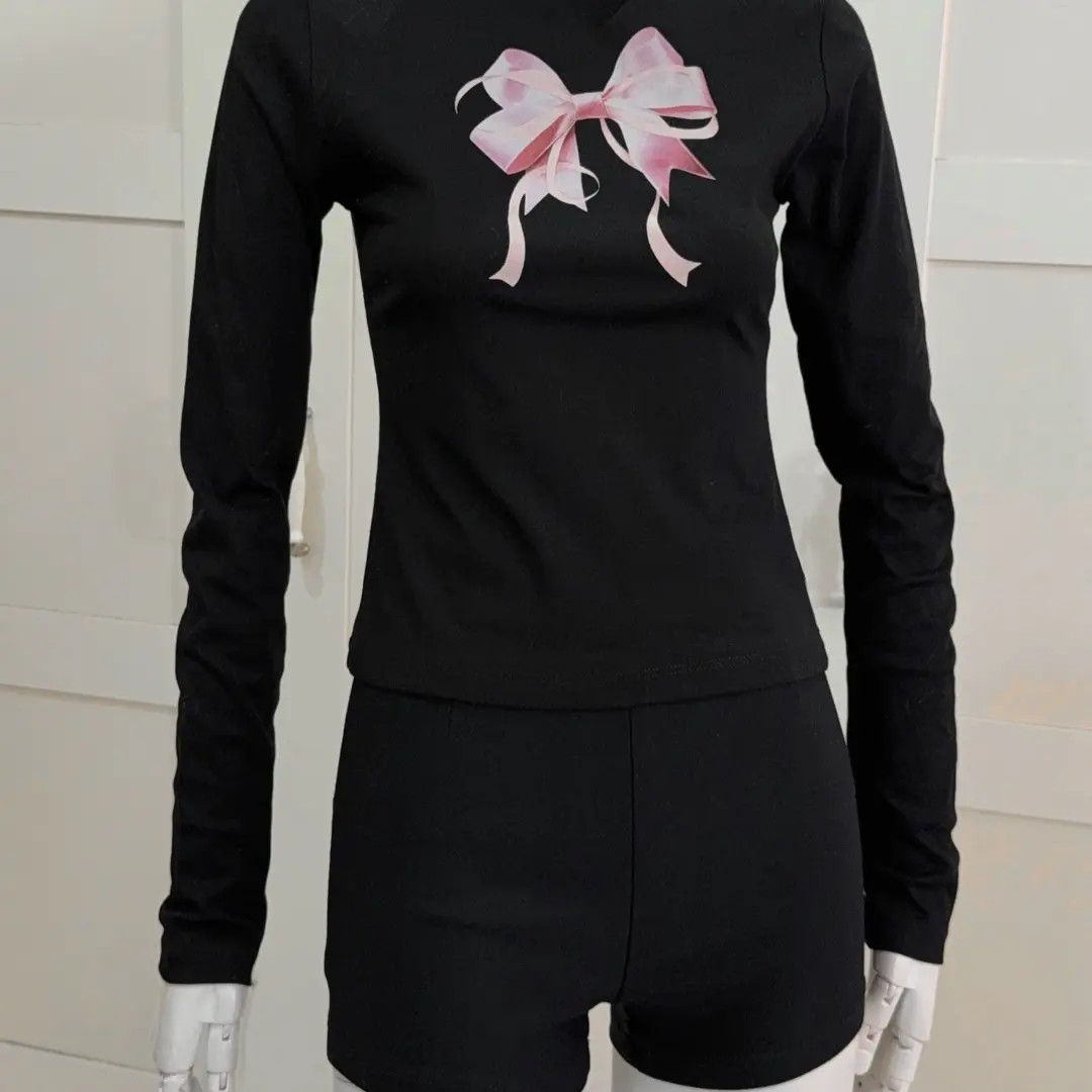 秋天新款蝴蝶结印花重磅圆领圆领长袖小众修身显瘦T恤女打底上衣