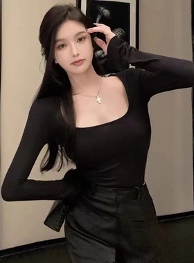 学生德绒正肩打底衫女秋冬方领修身长袖T恤保暖加绒加厚内搭上衣