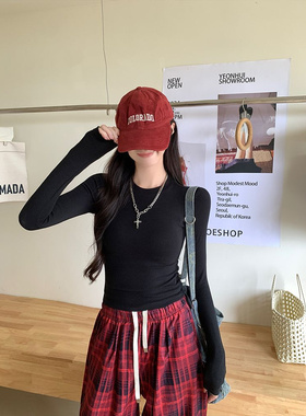 辣妹秋冬季白色圆领长袖短款修身女装T恤纯色打底衫性感百搭