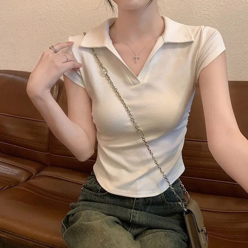 新款潮牌女装收腰显瘦通勤风翻领短袖女夏设计感小众气质百搭修身