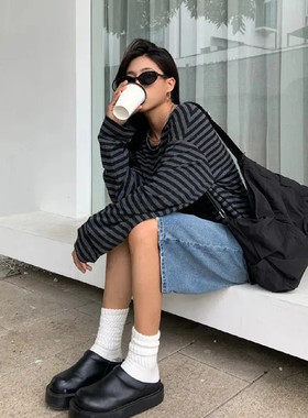 韩系慵懒松弛感黑灰色条纹长袖t恤女早秋2025新款宽松复古上衣ins