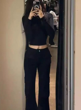 秋冬季深蓝色辣妹圆领长袖T恤女装短款修身纯色性感百搭打底衫