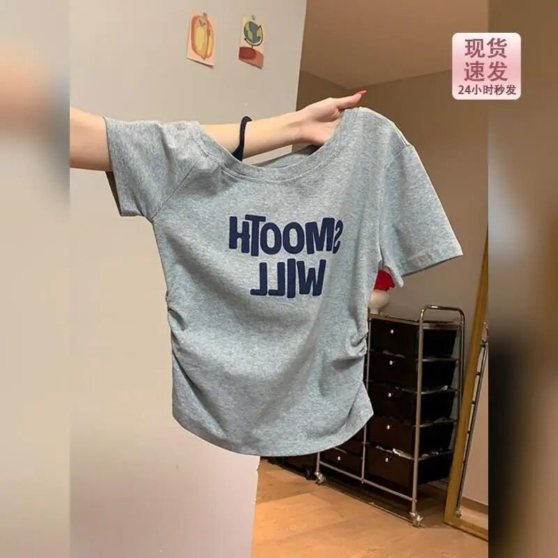 美式露肩短袖T恤女夏季2026新款时尚修身百搭洋气小衫掐腰上衣女