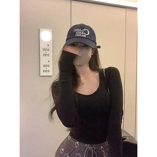 露腰圆领短款 时尚 打底上衣 t恤女2025秋冬新款 白色德绒u领露脐长袖