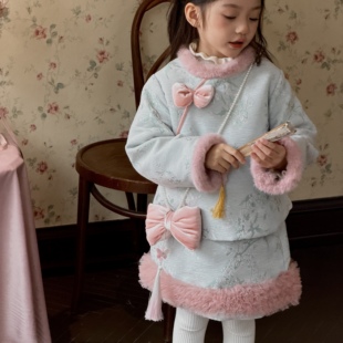 「奶油泡芙」新款加绒刺绣改良汉服旗袍女童冬季保暖洋气两件套