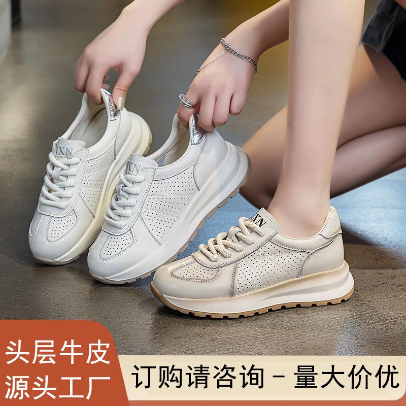 鞋小柒~头层牛皮拼色运动休闲鞋女士2025夏季单网透气舒适百搭复