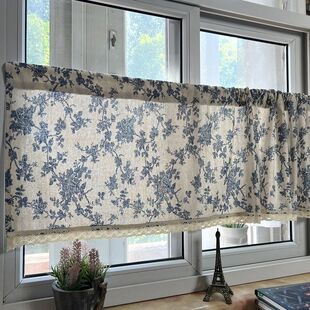 棉麻布艺短帘遮丑免打孔伸缩杆粘贴式门帘阳台玄幻厨房柜子遮挡帘