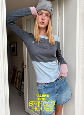 SANCCO天丝羊毛假两件撞色条纹长袖打底T恤春夏新品女拼接上衣