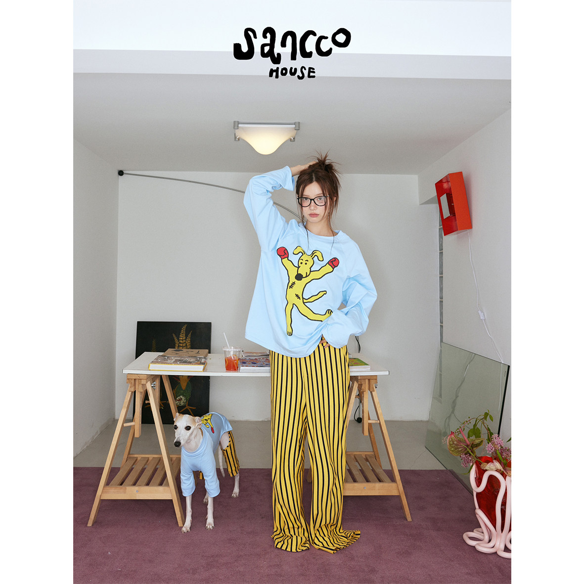 SANCCO原创设计拳击小狗印花撞色睡衣情侣纯棉春季条纹家居服套装