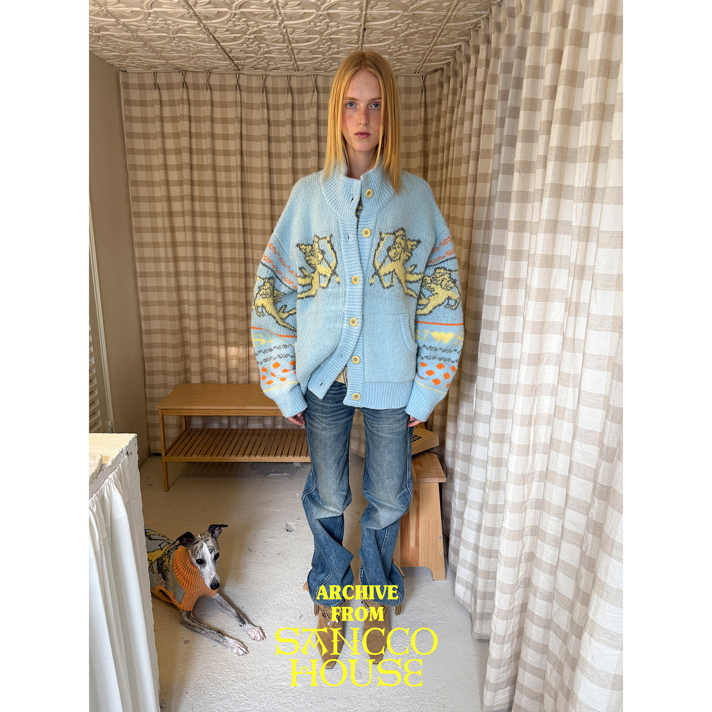 SANCCO天使小狗系列羊驼毛衣毛秋冬新品蓝色加厚立领宽松针织外套