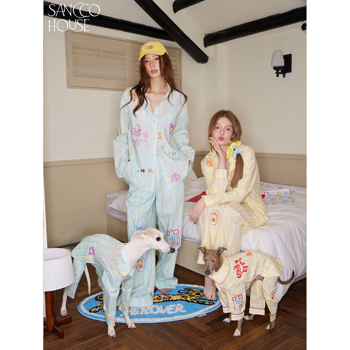 SANCCO彩色刺绣原创印花条纹睡衣宽松休闲多巴胺天丝棉家居服套装