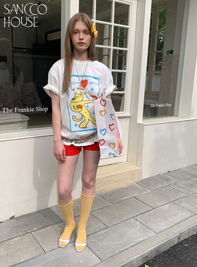 SANCCO「小蛇小狗」夏季印花白色宽松休闲上衣夏男女圆领短袖T恤