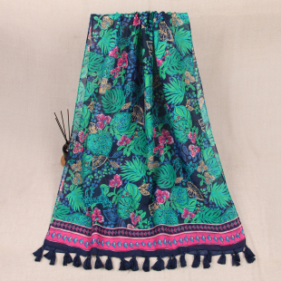 海边度假风植物花朵超漂亮美国lilly pu挂穗荧光色印花围巾外贸单