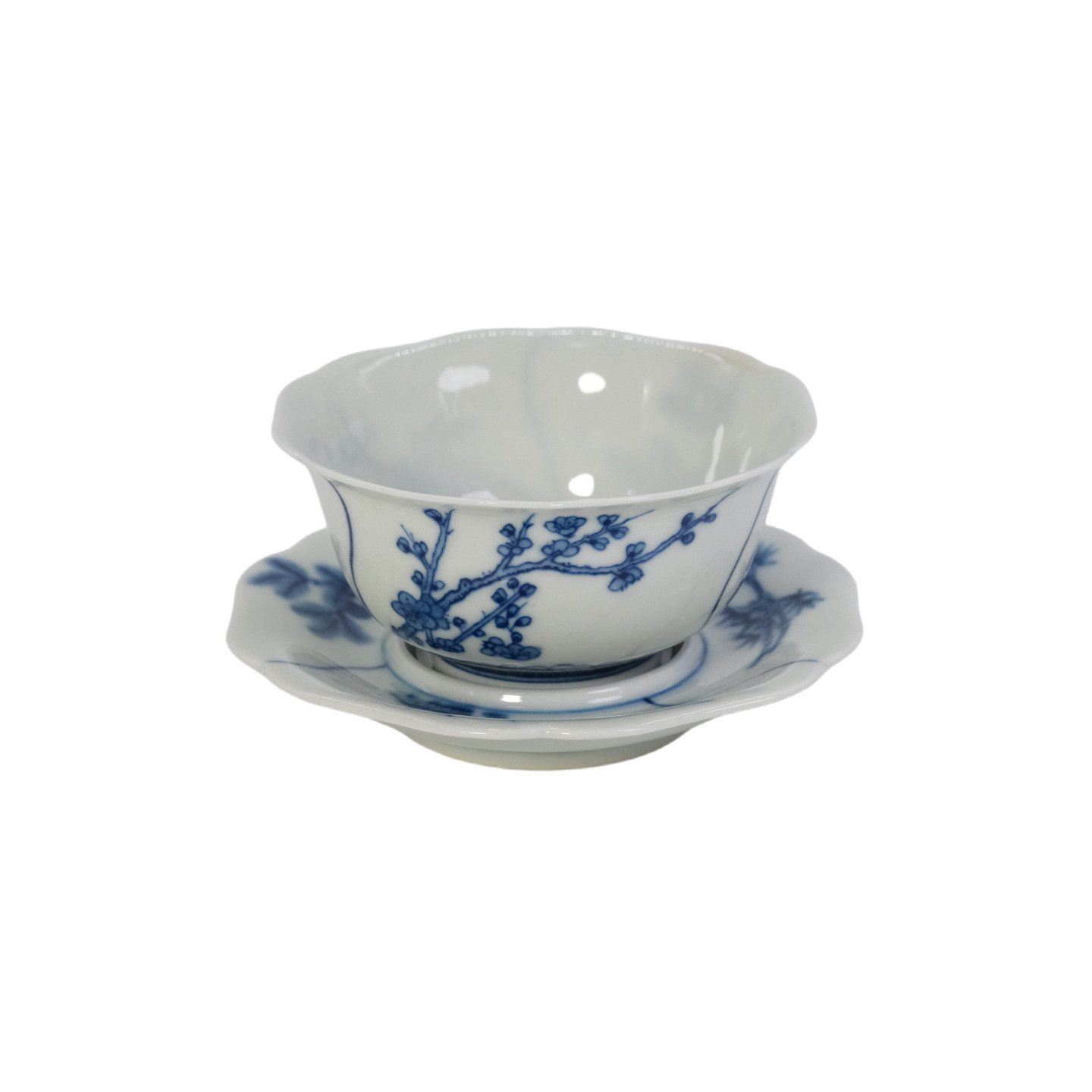 渌水山房 隐樵山房 青花“岁寒三友”薄胎葵口杯碟组 茶道主人杯