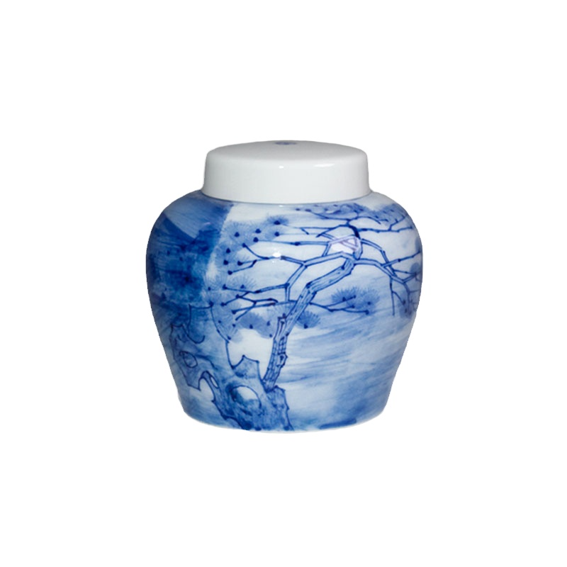 渌水山房 郑汇经作品 青花"松石图"醒茶罐 小茶叶罐 小茶仓